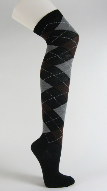 Black with Red Purple Over Knee Argyle Socks - Click Image to Close